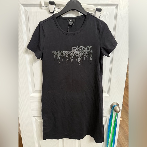 Dkny Dresses & Skirts - DKNY T Shirt Logo Dress Studded Sequin Black Silver Drip Medium NWOT Read